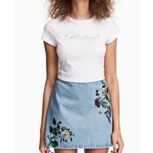 H&M X Coachella Women’s 8 Floral Embroidered Denim Skirt Cotton